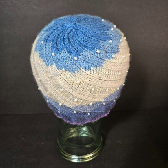 Handmade Knit Hat Blue Purple Faux Pearl Swirl Design Warm Winter Cap Wool Blend - Picture 4 of 7